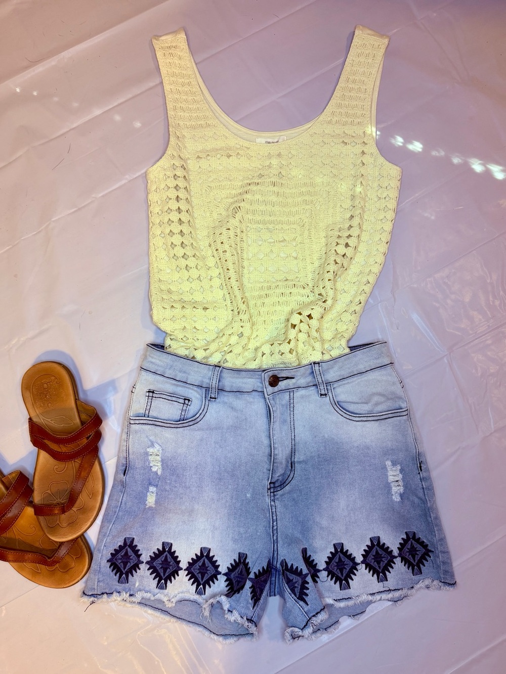Crazy Train Light Wash Denim Jean Shorts with Navy Embroidered Aztec Design Trim